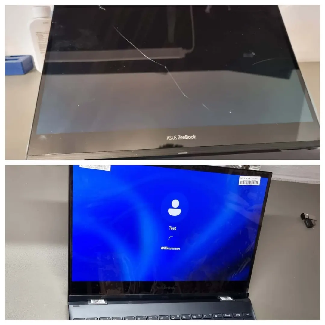 Asus ZenBook: gesprungenes Display ausgetauscht – Bildschirm wieder einwandfrei Asus ZenBook Laptop Display gebrochen gesprungen Austausch Reparatur AdrianRepair
