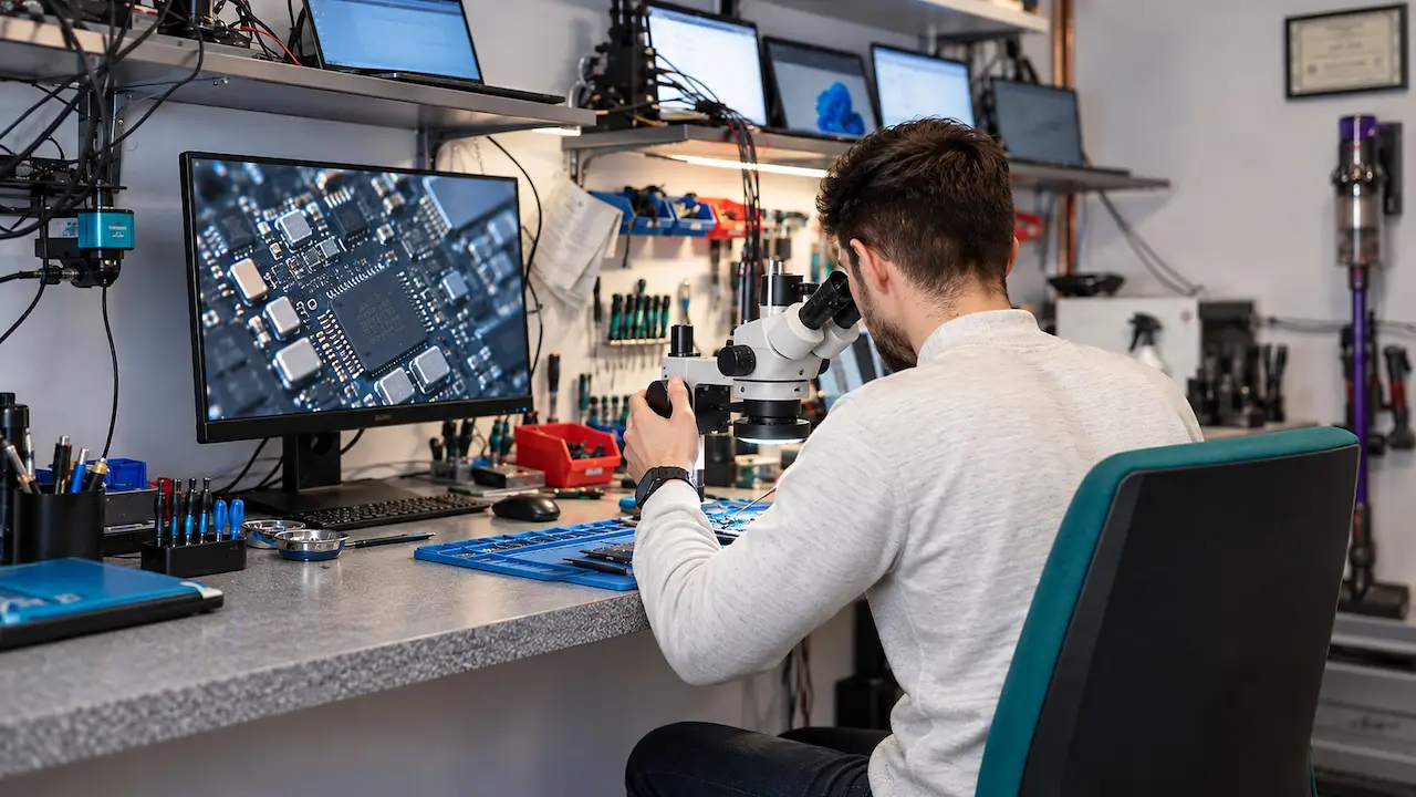 Illustration: working on a circuit board under the microscope