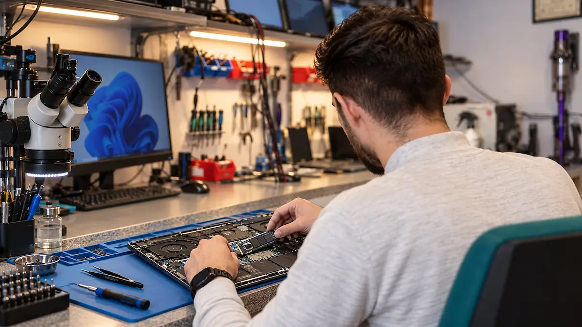 Illustration: Einbau einer SSD in einen geöffneten Laptop