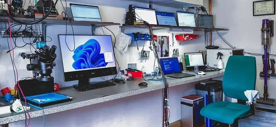 Reparaturwerkstatt von Adrian Repair in Kößlarn mit mehreren Arbeitsplätzen, Mikroskop für Board-Level-Reparatur und Testgeräten