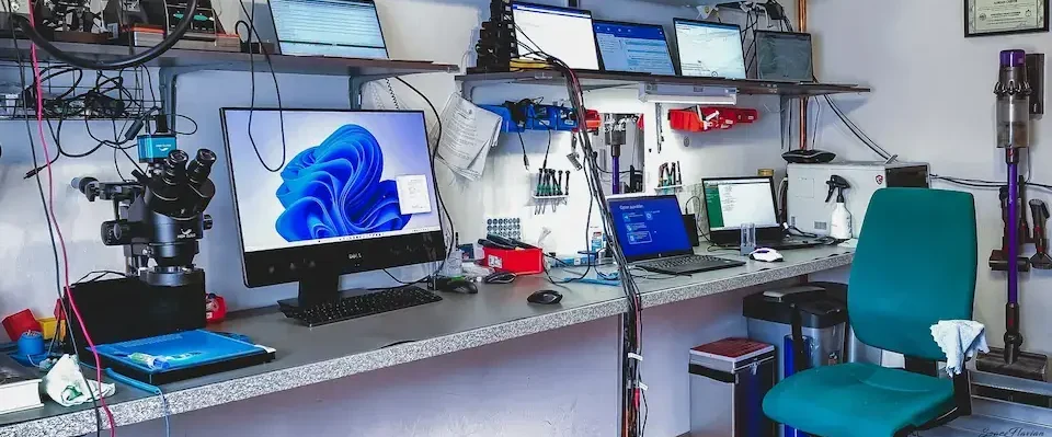 Computer-Werkstatt – Notebook- und PC-Reparatur mit Mikroskop, Lötstation und Diagnoseplatz