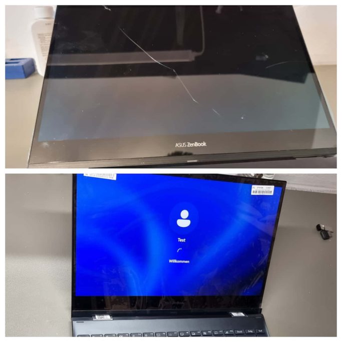 Laptop mit zerbrochener Displayeinheit vor professioneller Bildschirm-Reparatur in Kößlarn
