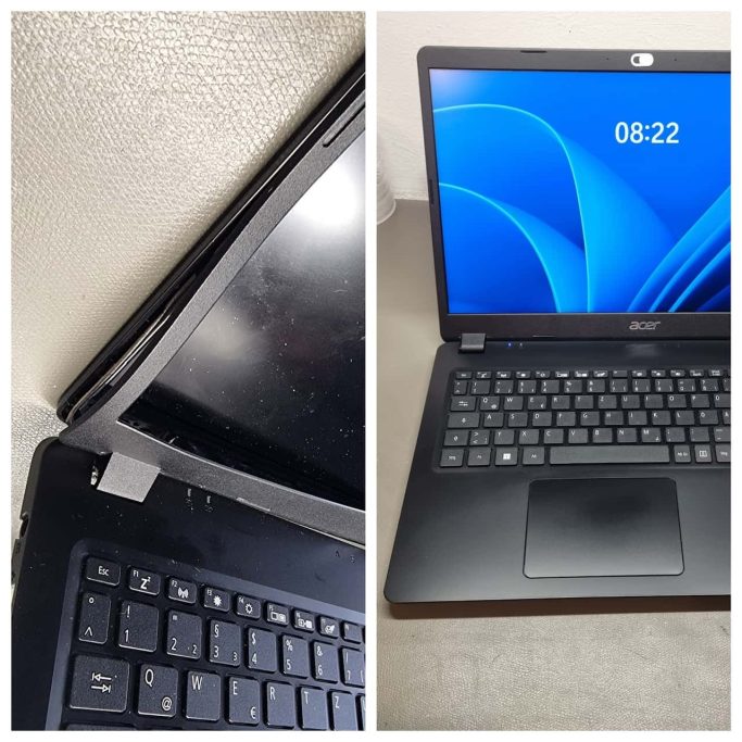 Acer Laptop Reparatur: Defekter Displaydeckel und gebrochene Scharniere vollständig ausgetauscht.